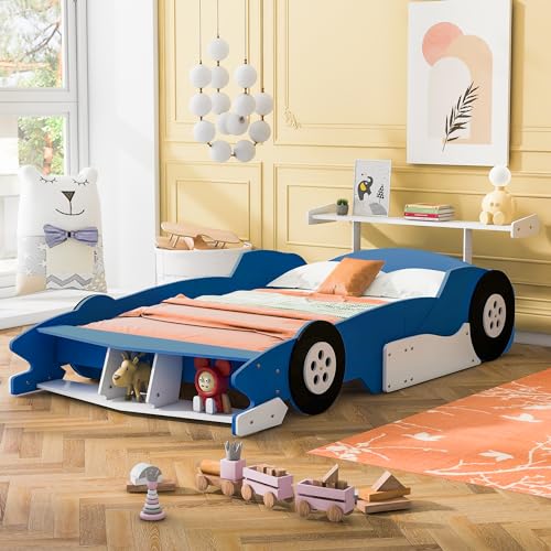 Image of Merax Full Size Race Car Bed Frame for Boys, Wood Car-Shaped Platform Bed with Wheels, Blue