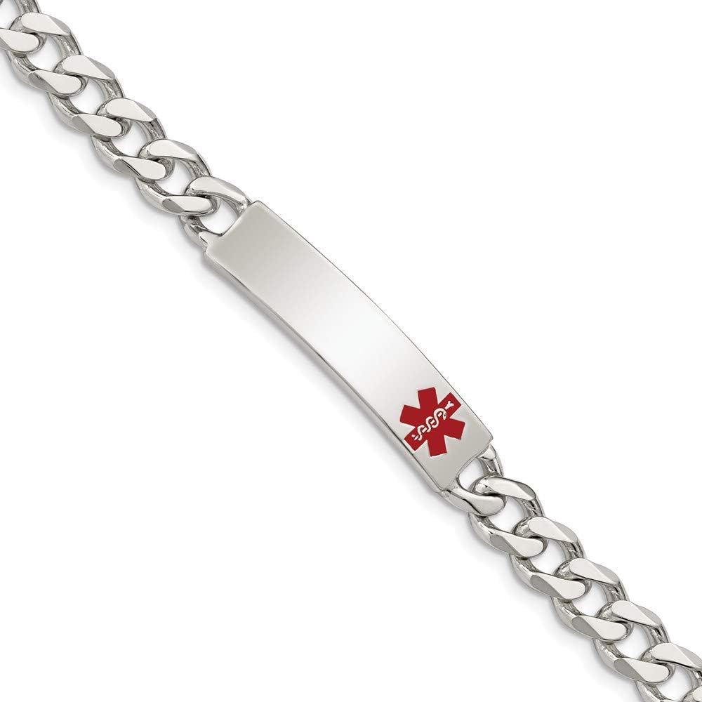 Polished Engravable Personalized Custom 925 Sterling Silver Polished Medical Curb Link ID Bracelet For Men or Women Length 8.5 inches Width 8 mm With Lobster Claw Clasp
