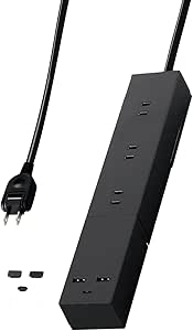 Elecom ECT-23325BK Power Strip, USB 6.5 ft (2.5 m), 3 Outlets, 2 USB-A Ports, USB-C 1 Port, Lightning Guard, Includes Hanging Legs and Caps for USB Ports, Black