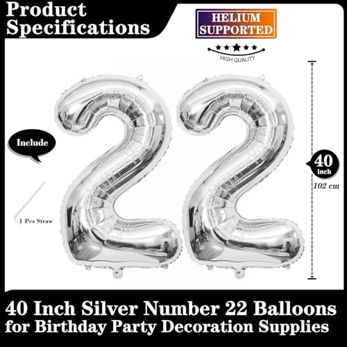 Silver 22 Number Balloons, 40 Inch Giant Number 22 Balloons Foil Mylar Helium Silver Number Balloons for 22th Birthday Party Supplies Anniversary Event Celebration Decorations by Lovoir - Used condition - Image 2
