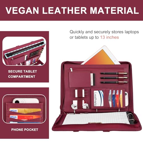 Image of Leathario Portfolio Binder, Includes 5 Folder Index Dividers, 13 Inch Tablets Organizer with Handle, Vegan Leather A4 Padfolio, Multi-Pocket Notepad Business Planner Professional Document