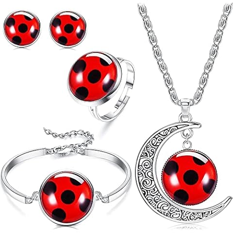 ADRAMATA 5Pcs Good Luck Ladybug Jewelry for Women Girl Moon Necklace Red Ladybug Bracelet Lucky Ladybug Earrings Adjustable Ring Stud Set Wish Lucky Gift Cover