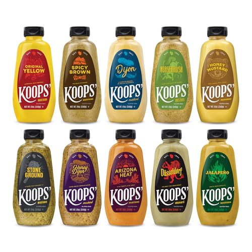 Koops' Mustard Variety Pack – Original Yellow, Spicy Brown, Dijon, Honey Mustard, & More – Gluten-Free, Kosher, USDA Organic, Made in USA, From Quality Mustard Seeds – 12 Oz, Pack of 10