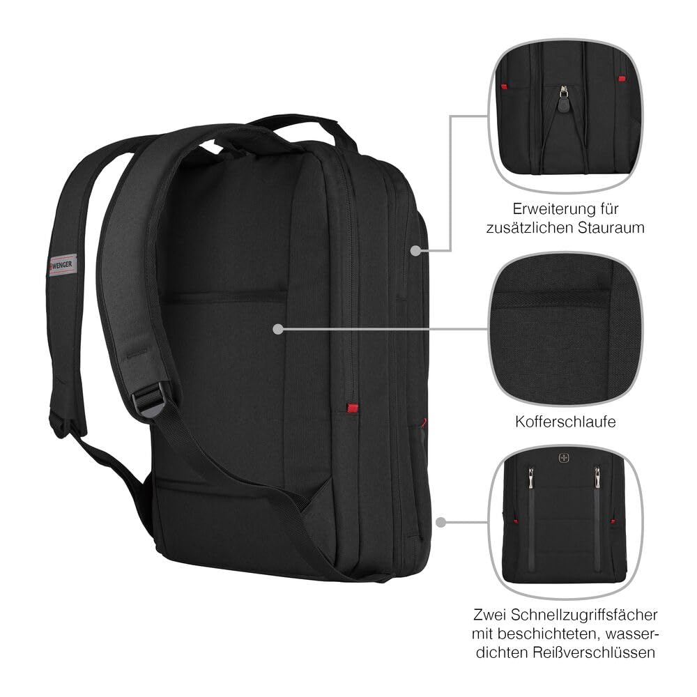 WENGER CityTraveler Laptop-Rucksack, Kompakt, Notebook bis 16 Zoll, Tablet bis 12 Zoll, 16 l, Damen Herren, Business Uni Schule Reisen, Schwarz, 606490