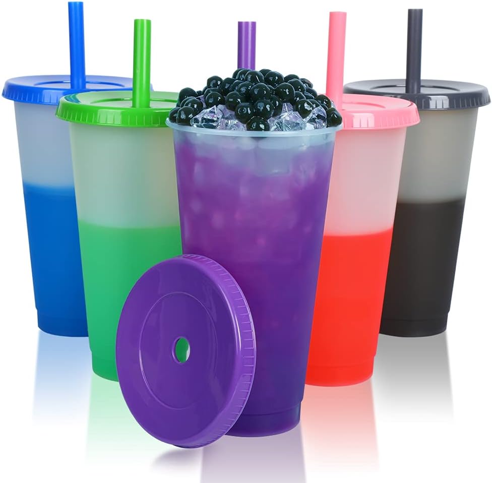 heincar Color Changing Cups for Kids & Adults - 5 Pack Reusable Smoothie Drinking Water Iced Coffee Cup for Party - 24oz Plastic Tumblers with Lids & Straws