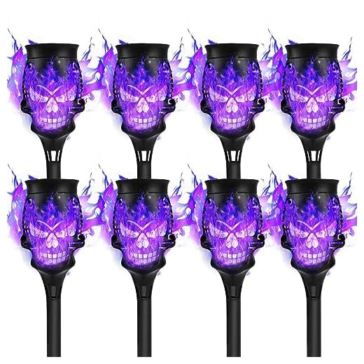 Oalysam Spooky Skulls Solar Torch Lights - 8-Pack Flickering Flame Torches for Enchanting, Waterproof Outdoor Solar Powered Lighting, for Pathways, Garden, Yard, Halloween Decor, Black Purple-Lights