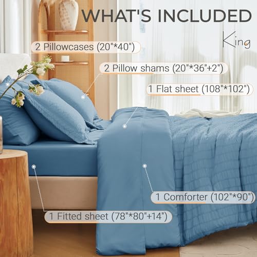 MUXHOMO 7 Pieces King Comforter Set, Seersucker Bed in a Bag King Size, All Season Luxury Bedding Set with Comforter, Flat Sheet, Fitted Sheet, Pillowcases & Shams, Mineral Blue