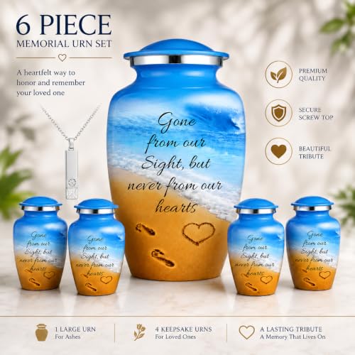 Image of Set of 6 Blue Ocean Metal Cremation Urns for Women & Men Upto 220 lbs