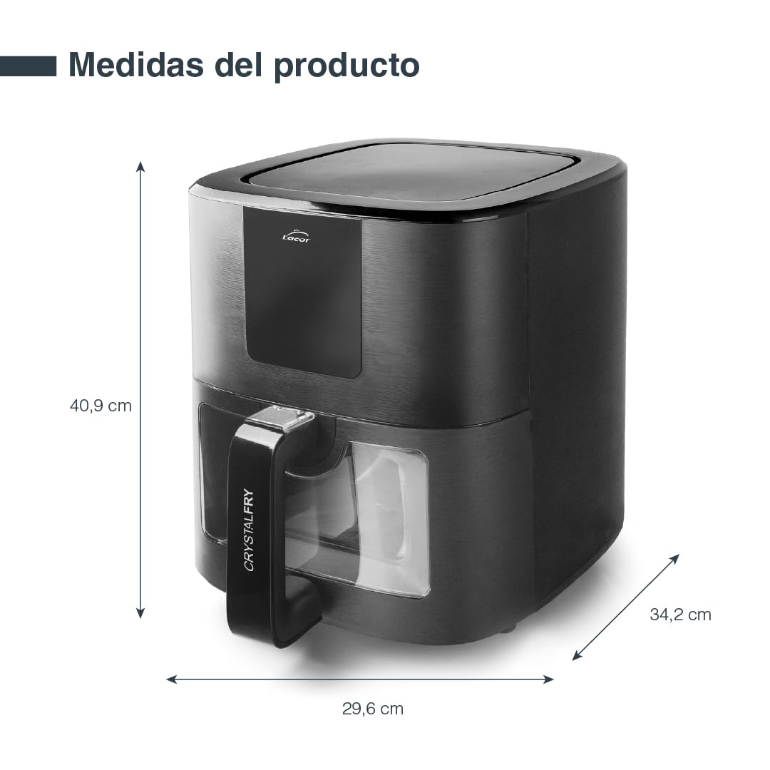 Lacor 69515 - Freidora sin Aceite CrystalFry, Freidora de Aire, Ventana | Frituras crujientes y homogéneas; antiadherente fácil de limpiar, con 7 L de capacidad, práctico y fácil de guardar