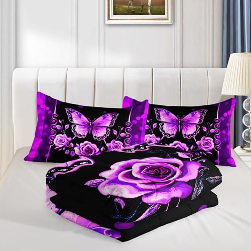 Image of QOOMO Cartoon Butterfly Kids Comforter Set,Flowers Print Bedding Set Full Size for Boys Girls Room Decoration,Purple Bed Set Microfiber Lightweight,1 Comforter 2 Pillowcases