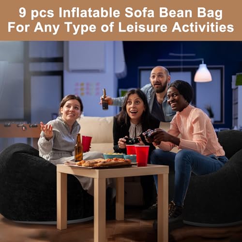 Image of Realspring 9 Pcs Inflatable Bean Bag Chair, Air Pump,Black | Electric Pump for Inflation, Foldable Blow up Chairs for Outdoor Movie Seating, Portable Sofa for Adults Camping