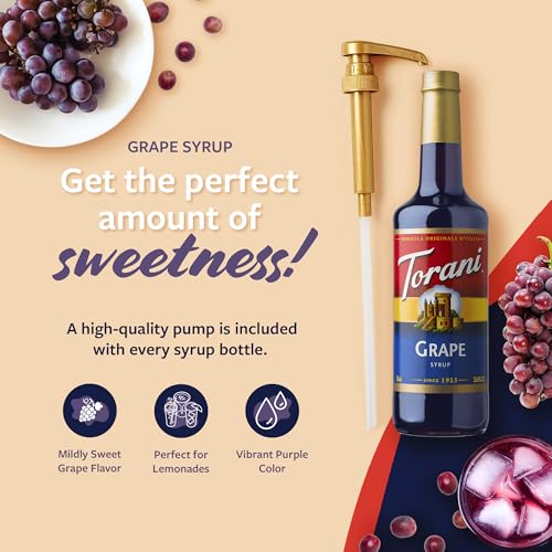 Image of Torani Grape Syrup for Drinks, Flavoring for Iced Tea, Lemonade, Sodas, and Cocktails, Glass Bottle with Pump Included, 25.4 Fl Oz