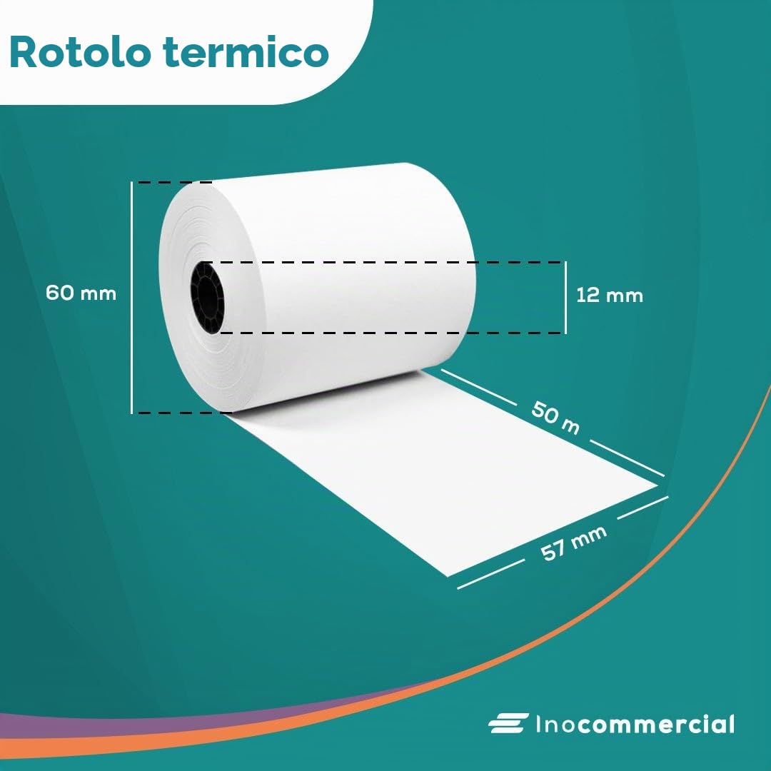 Inoverse - Rotoli di carta termica per EC-Cash, 57 mm x 60 mm x 12 mm, carta termica per cassette, 50 m, 50 rotoli, rotoli per registratore di cassa, dispositivi EC e bancomat, senza BPA