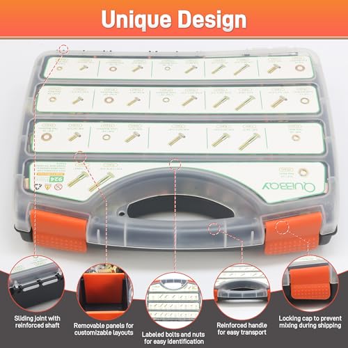 Image of Quibbay 924Pcs Grade 8 Bolts and Nuts Assortment Kit, 1 /4-20, 5 /16-18, 3 /8-16, 1 /2-13 Heavy Duty Hex SAE Assorted Bolts Nuts and Washers Kit, Carbon Steel Machine Hardware Screw Sets with Case