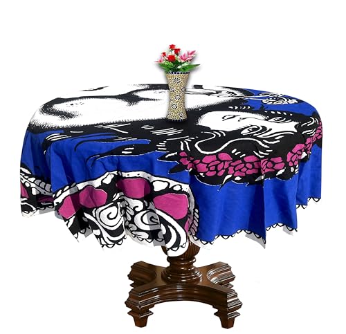 Image of RHF Royal Home and Fashion Dining Round Tablecloth 100% Cotton Multicolor Floral Bird Printed 4-6 Seater Round Table Cover with White Fringed Lace Border 75 inch Blue Multi