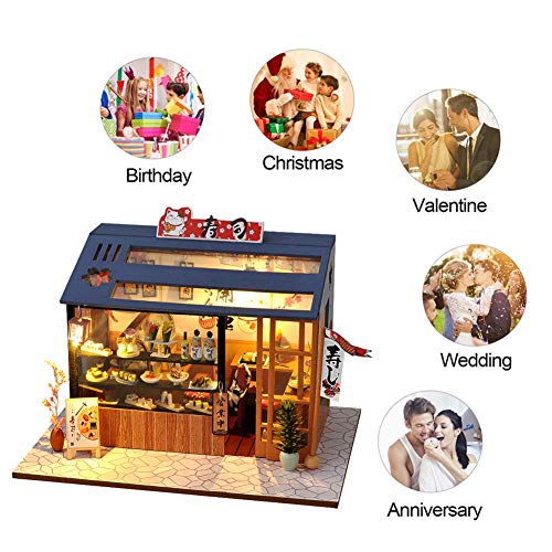 Syw Miniature Dollhouse With Furniture And Led Lights, Japanese Model Kit Wooden Dollhouse, 1:24 Scale Wooden Handmade Building Model Puzzle Toy(Sushi Shop) #TOP3