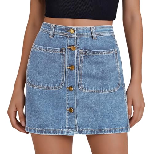 Women's Button Down High Waisted A Line Jean Stretchy Mini Denim Skirt Front Short Pencil Skirt with Pockets