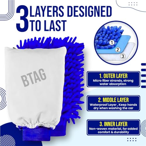 Image of Btag Double Sided Microfibre Wash Mitt Cleaning Gloves (2 Pcs, 2400 GSM, Size 26 X 19 Cm, Extra Large, Super Absorbent, Big Chenille Mitt Glove) (Blue)