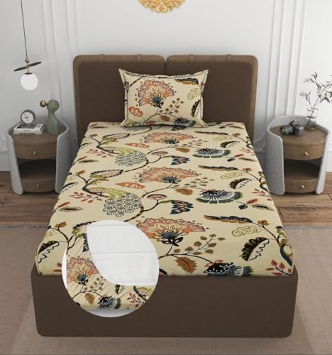 Image of Blue Strip Polycotton Fitted Bedsheet, Single 42x75 (Yellow White Leaf) | 300 TC | All-Round Elastic Grip | Soft, Breathable & Colourfast | Wrinkle Resistant | Machine Washable