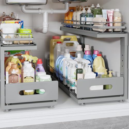 Image of Under Sink Organizer Upgrade To Professional Rails,2-Tier Dual Pull Out Cabinet Storage,Height Adjustable Slide Out Drawers For Bathroom Kitchen,2 Pack-21 inchDx12.8 inch-16.9 inchH,Gun Gray