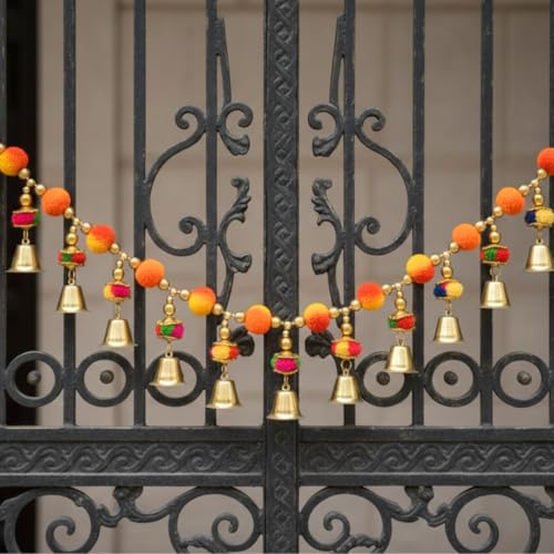 Image of Handmade Multicolor Pom Pom Bandhanwar for Main Door | Bright Traditional Toran with Bells for Door, Mandir & Pooja Room | Decorative Bandhanwar for Diwali, New Home & Festive Decor (39 Inch)