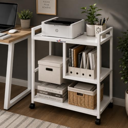 Image of WINSTAR Printer Stand, Solid & Sturdy, Modern Contemporary Look, Space Saving, Made in India (White, 3 Tier Split Shelf)
