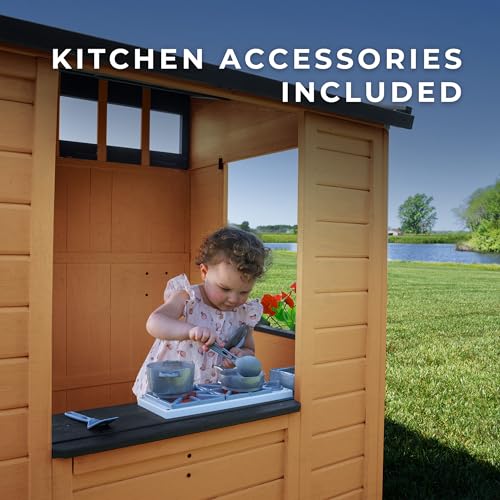 Backyard Discovery Caraway Cottage Cedar Wooden Kids Playhouse with Play Kitchen, Chalkboard, Mailbox, Half Door, Windows, Flower Box, Modern Farmhouse Design for Outdoor Imaginative Play - image 4