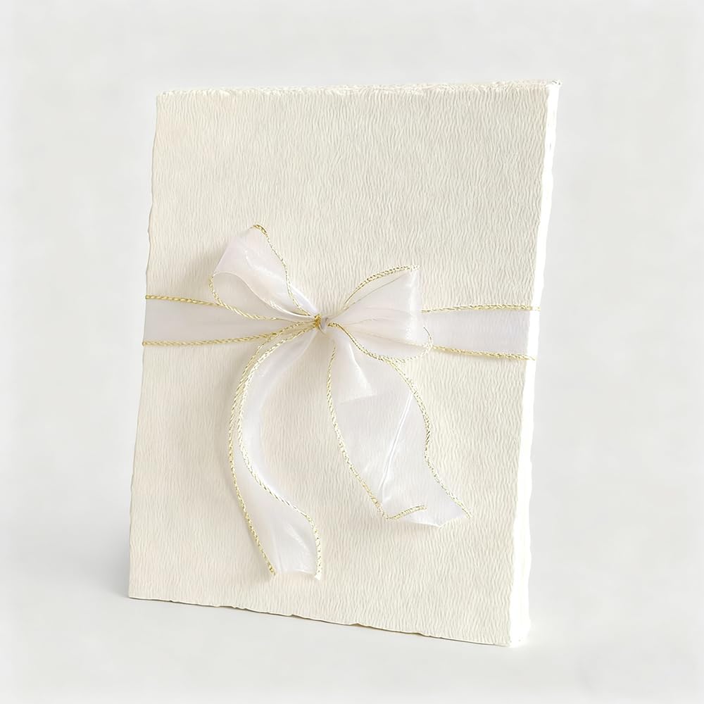 MSLSOZ 25 Sheets White Handmade Paper, 300 GSM Handmade Textured Papers, 4x6 Inch Cotton Paper for Wedding Invitations, Watercolor, Writing, Printers & Craft Card Making (not Include the Bow).