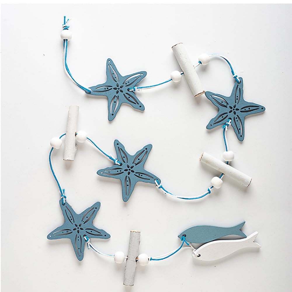 Penfly Coastal Beach Wall Hanging Decor, Blue Seashell Starfish Sand Dollar Design, Driftwood Accents, Nautical Theme String Ornaments (1, Star)