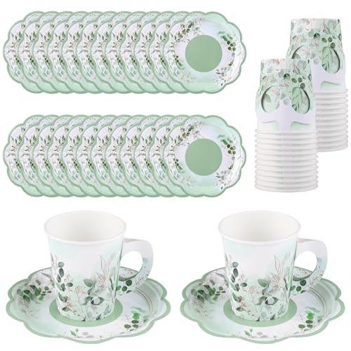 NatNarr 24 Sets Eucalyptus Leaf Tea Party Cups 7 OZ Disposable Paper Tea Cups with Handle and Plates Teacups and Saucer Sets for Bridal Baby Shower Wedding Birthday Spring Party