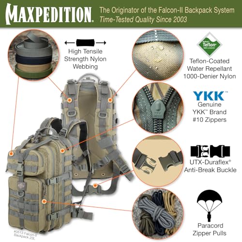 Image of MAXPEDITION Falcon-II Backpack, 23L Tactical Backpack, Survival Pack, Bug Out Bag, MOLLE Go Bag for EDC, 0513