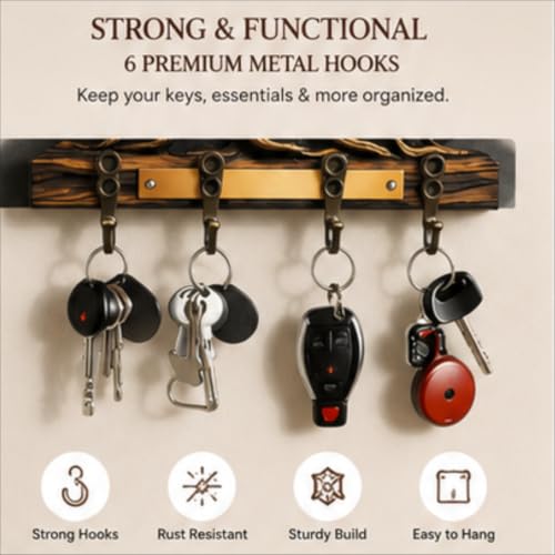 Image of Tree of Life Wooden Key Holder for Wall | Multicolor Decorative Key Rack with 6 Hooks | Stylish MDF Key Organizer for Home Entrance, Living Room, Office & Housewarming Gift