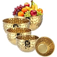 5 Pcs Stainless Steel Mixing Bowls, Gold Hammered Salad Bowl, 7.1/7.9/8.7/9.4/10.2 in, Round Stackable Serving Bowls for Kitchen Cooking, Baking, Food Prep