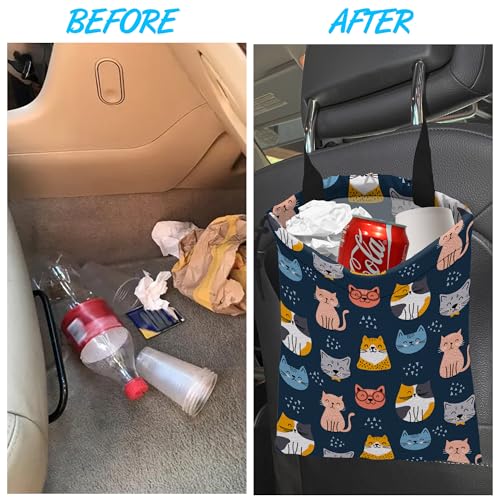 Image of Car Trash Bag Cute Cat Car Garbage Bag Hanging Car Trash Can for Back Seat with Drawstring