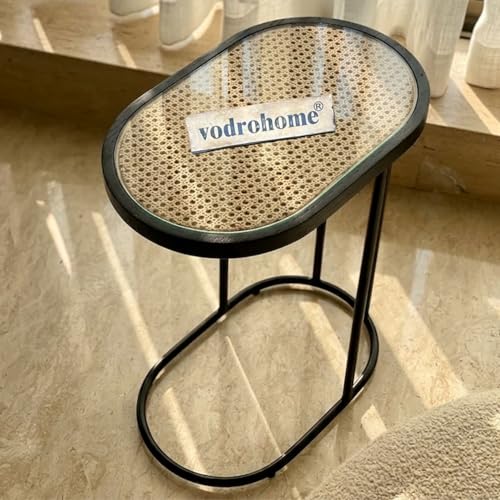 Image of Charcoal Rattan Cane Side Table with Glass top - Bohemian Solid Mango Wood Cane Iron Sofa Side end Table - Wood and Cane Nesting Table S#047 (Charcoal Black 1)