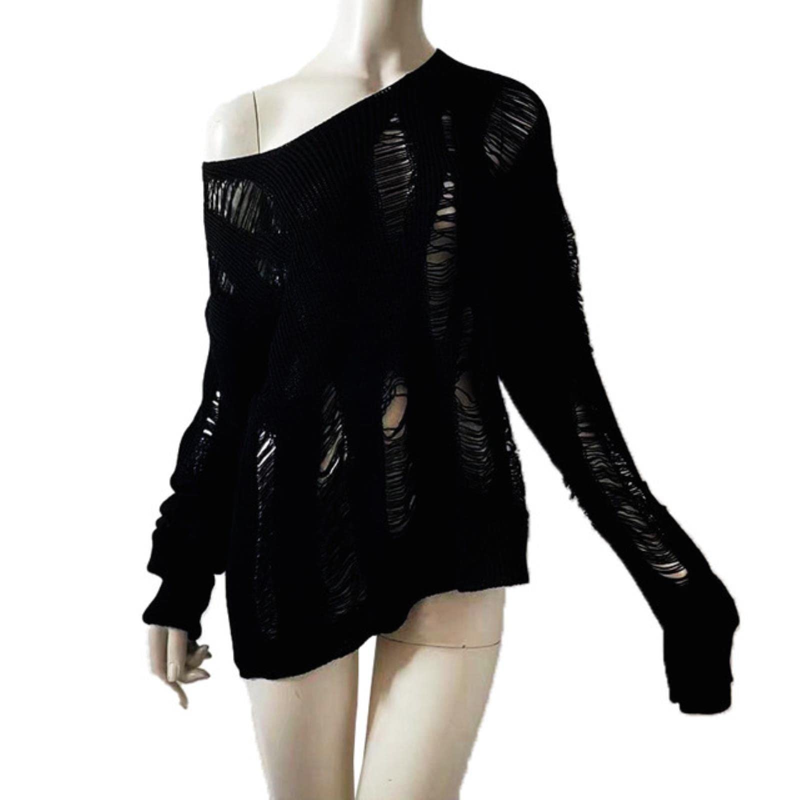 Piyax Women's Black Gothic Punk Hole Sweaters Streetwear Harajuku Sweaters Hollow Out Broken Knitted Jumper Woman Pullover