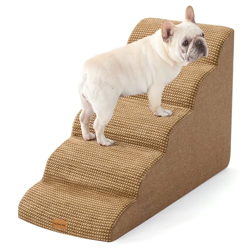 Image of Gardner Pet Dog Stairs for Small Dogs 22.8 inch H, 5-Step Brown Curved Pet Stairs, Dog Steps for High Bed, Couch (24-30 in) with Durable Non-Slip Waterproof Fabric Cover and CertiPUR-US Certified Foam