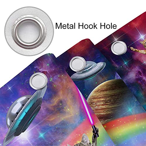 Image of Funny Cat Shower Curtain Boys Kids Bathroom Decor, Cool Cat Riding Dinosaur on Fantasy Galaxy Hilarious Shower Curtains, Funky Outer Space Universe Anime Bath Curtain Fabric with 12PCS Hooks, 36X70IN