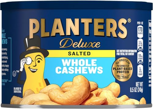 Image of PLANTERS Deluxe Salted Whole Cashews, Party Snacks, 5g (9% DV) Plant-Based Protein, 8.5 oz Canister (Pack of 12)