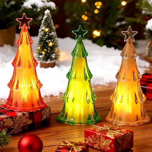 Walenbily Mini árbol de Navidad LED, 3 juegos de árbol de Navidad pequeño iluminado en blanco, rojo y verde, acrílico con lámpara de luz cálida, perfecto para ambiente festivo