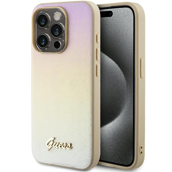 Guess GUHCP14LPSAIRSD Coque pour iPhone 14 Pro 6,1 Pouces Doré Coque Rigide Saffiano Irisé Script