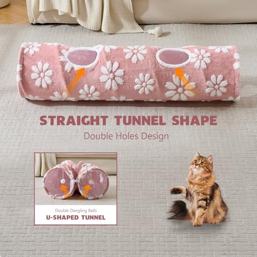 Image of Straight Cat Tunnel for Indoor Cats 47 inchx12 inch, Cute Cat Toys Collapsible Tunnel Tube with Balls for Puppy Kitten Rabbit, Pink Flower