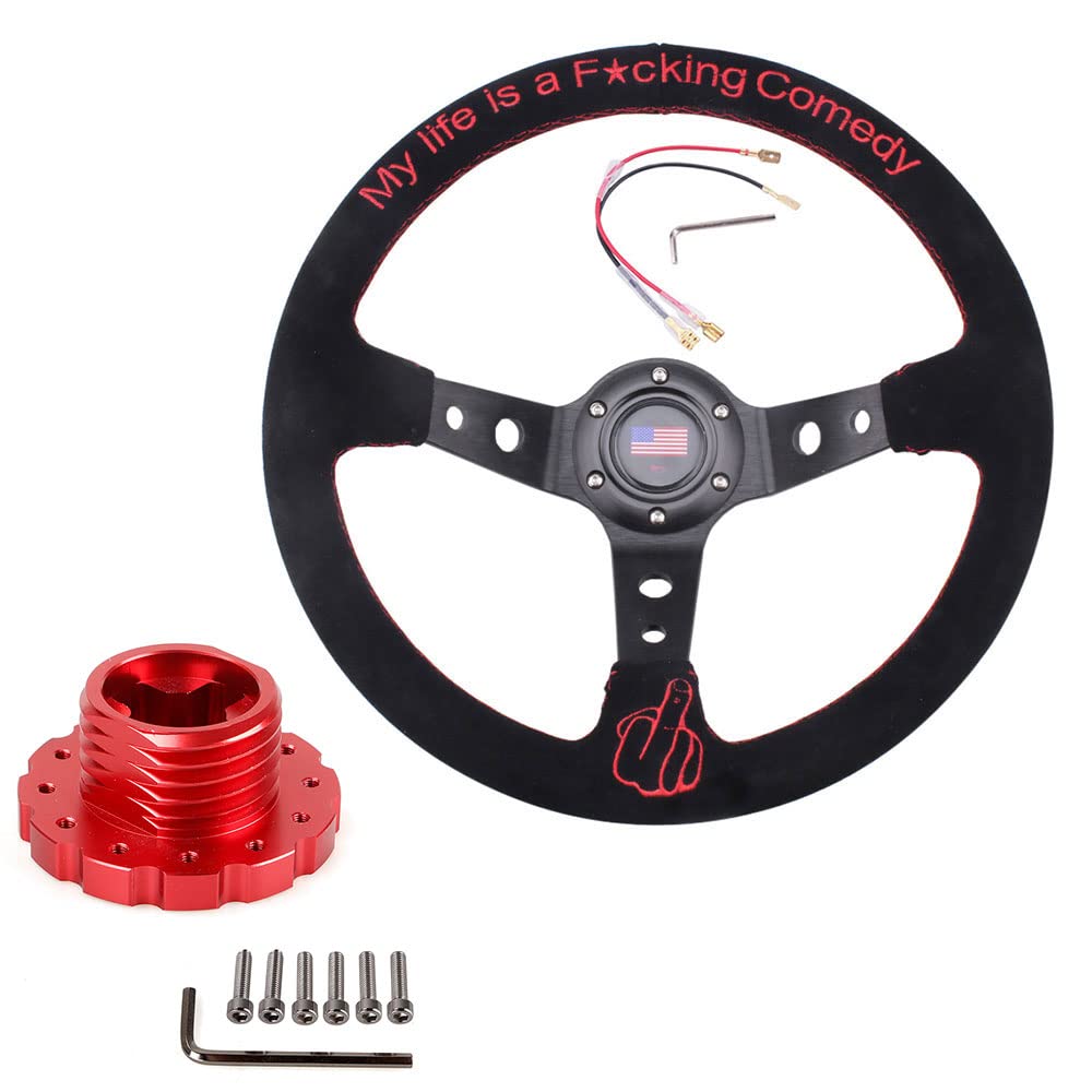 RASTP 13.6”/345mm Racing Steering Wheel with Sim Racing Gaming Steering Wheel Adapter Fit for Thrustmaster T500 / T300 / TS-PC,TS-XW (Black-Red)