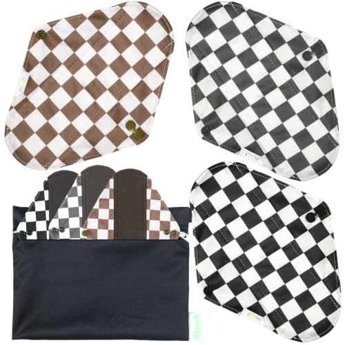 Image of wegreeco Charcoal Reusable Menstrual Pads - Reusable Sanitary Pads | Reusable Panty Liners | Soft Cloth Menstrual Pad- 6 Pack with 1 Cloth Mini Wet Bag (Black, Gray, and Brown Checkered, Small)