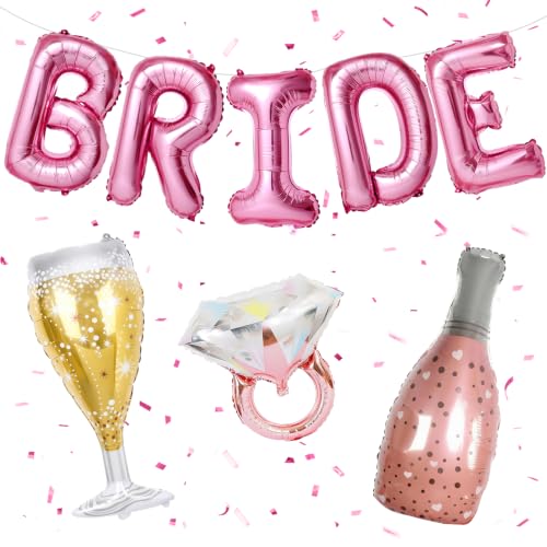 Image of 40inch Bride Balloons Pink Letters Banner, Bachelorette Party Decorations Set with Diamond Ring Champagne Bottle Balloon Glass Foil Balloon for Pink Bachelorette Engagement Wedding Bridal Shower Decor