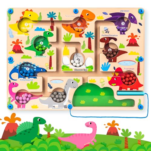 Commodum Magnetspiel Labyrinth Spielzeug Montessori Spielzeug ab 2 3 4 5 Jahre Zahlen Farben Lernen Sortierspiel Dinosaurier Magnetspiel für Kinder Labyrinth Puzzles Geschenke für Kinder