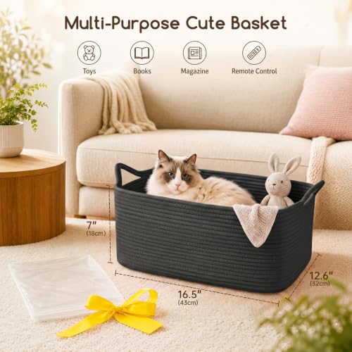Image of OIASKET Large Empty Cotton Rope Gift Basket with Handles, 16.5 inchx12.6 inchx7 inch Decorative Woven Storage Basket with Gift Bag and Ribbon Set for Baby Shower, Toy Organizer for Kids, Dogs & Cats - Black