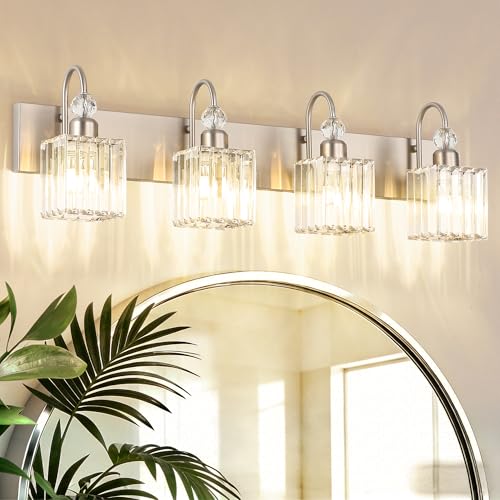 Image of Ralbay Crystal Brushed Nickel Vanity Light for Bathroom 4-Light Modern Bathroom Light Fixtures