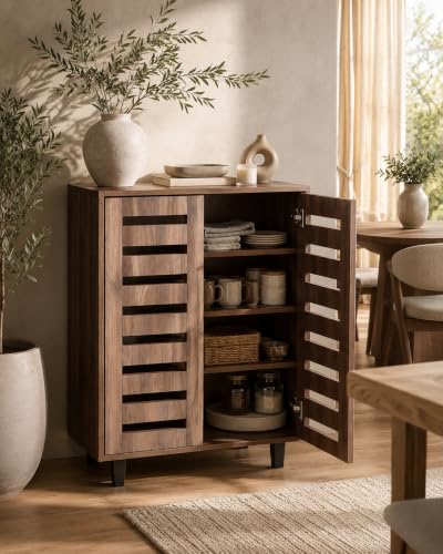 Image of Metro 2 Door Engineered Wood Shoe Cabinet | Wooden Shoe Rack with Spacious Shelves | Modern Shoe Storage Organizer for Entryway, Hallway & Living Room | Walnut Finish