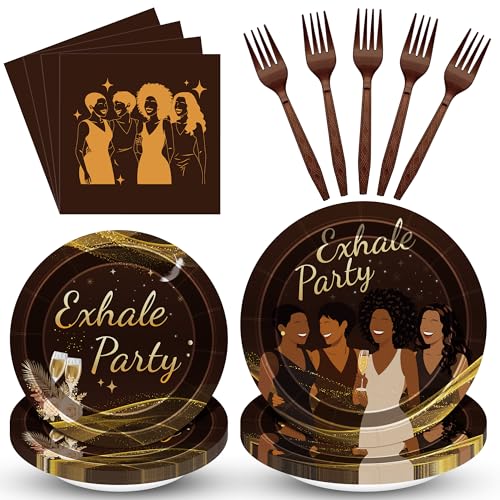Cogniplay 96Pcs Exhale Night Party Paper Plates and Napkins Elegant Women Silhouette Disposable Tableware Set Brown and Gold Luxury Party Decorations for Girls Night Empowerment Events Party Supplies